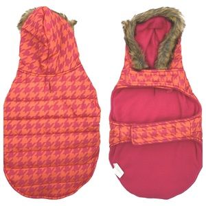 ISAAC MIZRAHI LIVE! | Fur-Hooded Puffer Coat in Pink Orange Houndstooth, medium